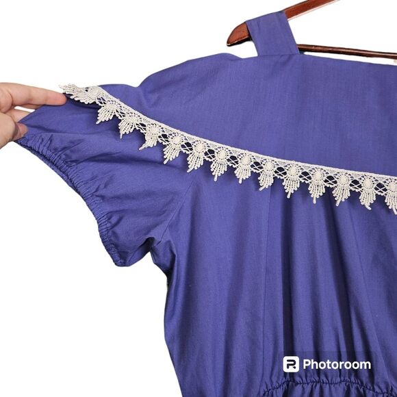 Vintage 80s 90s Cottagecore Purple White Decorative Collar Cold Shoulder Dress - Picture 4 of 7